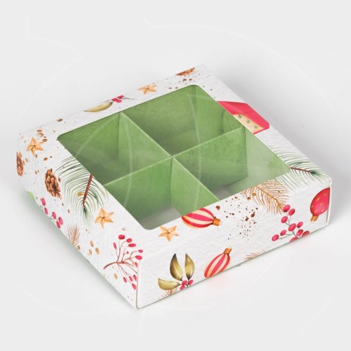 Коробка на 4 конфеты "Новогодние подарки" 12,5х12,5х3,5 см 10449267
