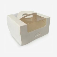 Коробка для бенто-торта с окном и ручкой белая 14х14х8 см КУ-445   КУ-00445
