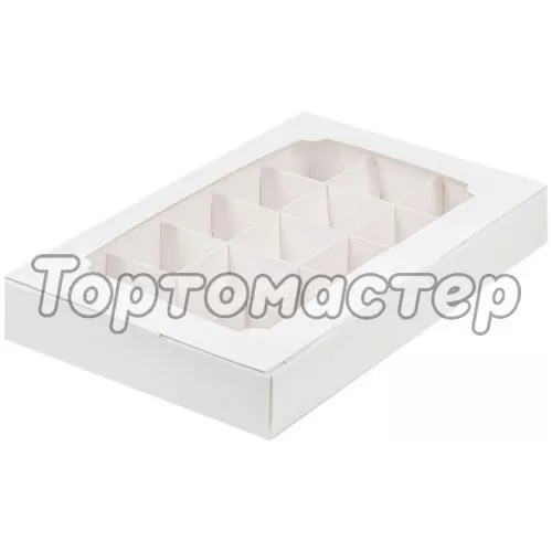Коробка на 15 конфет с прозрачной крышкой белая 25,5х16,5 см 050350